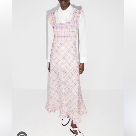 GANNI Seersucker Smocked Check Dress - Picture 2 of 10